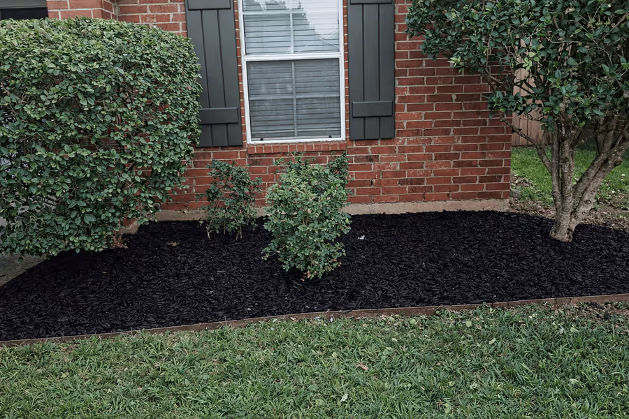 Curved paved walkway with light and dark gray bricks leading to a black metal garden gate surrounded by bare soil and bushes.