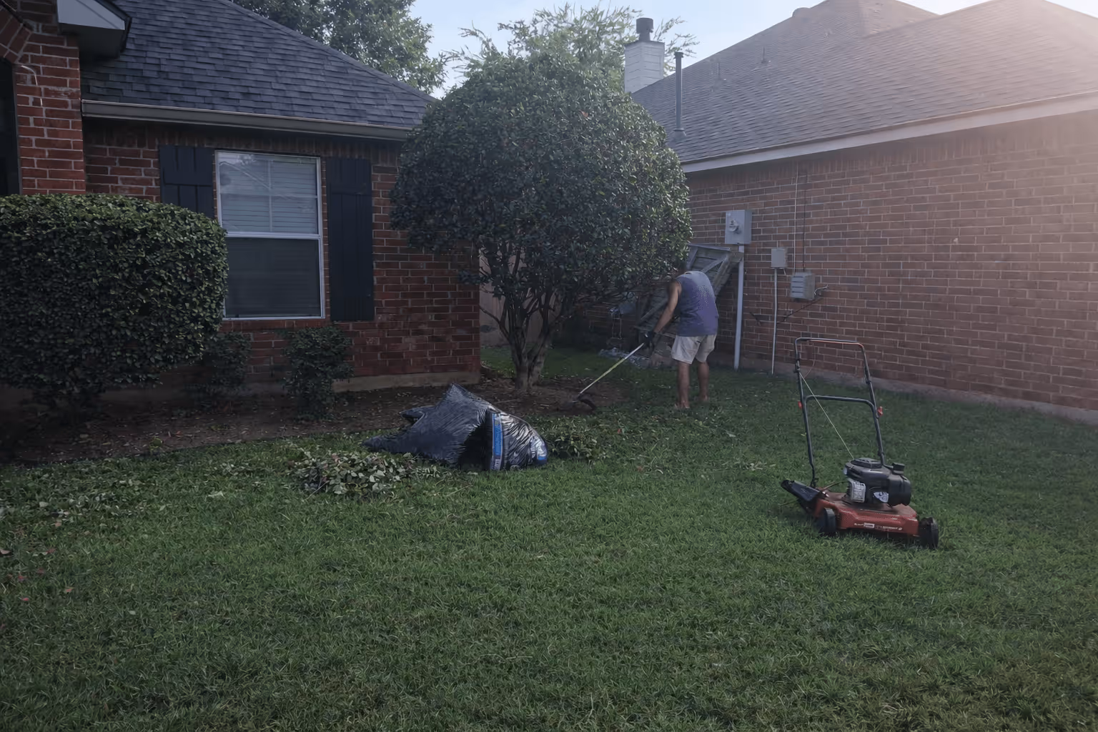 Person trimming grass near a tree in a backyard with lawn mower and trimmed branches in bags.