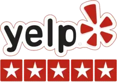 Yelp logo with five red stars rating below it.